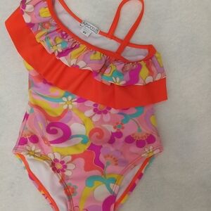 Flapdoodles Pink and Orange One Piece Swimsuit with Ruffle Trim